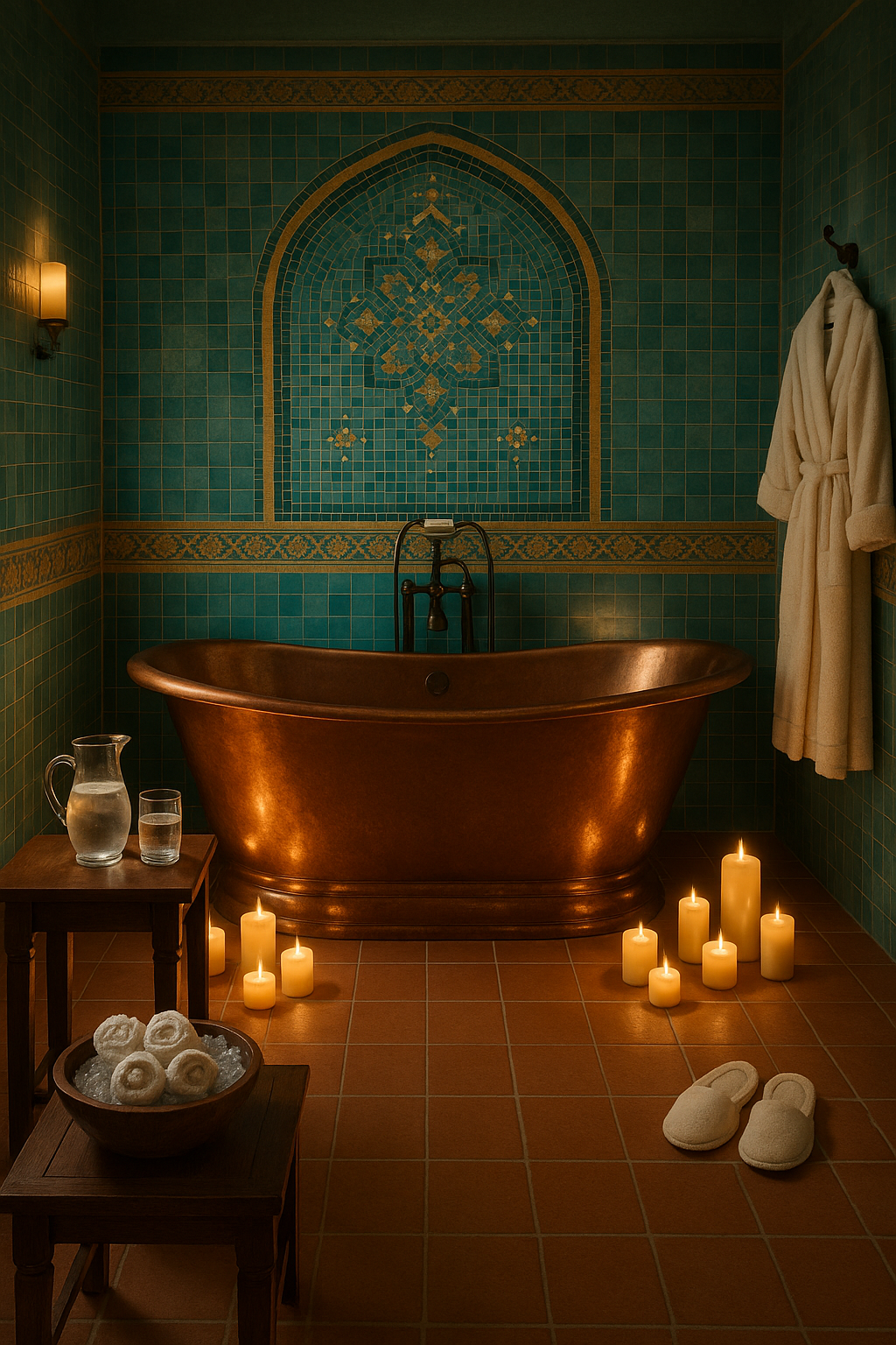 A copper tub with candles scattered on the floor. a spa experience. Used in the Sooth Sayer CBD Rituals Page.