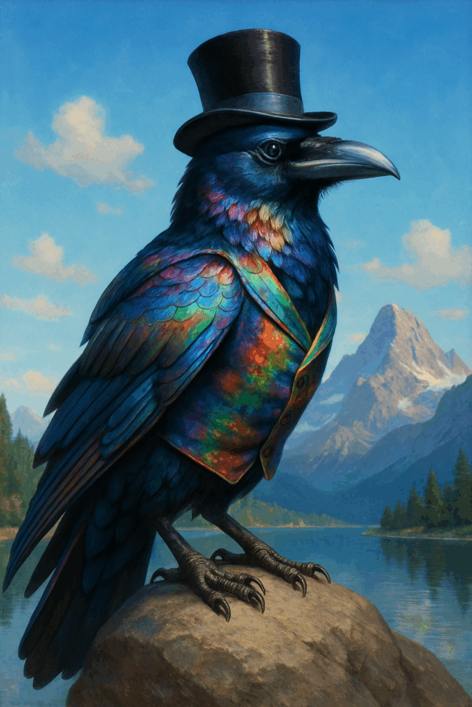Morrow the Raven in his iridescent hat and suit. His Portrait.