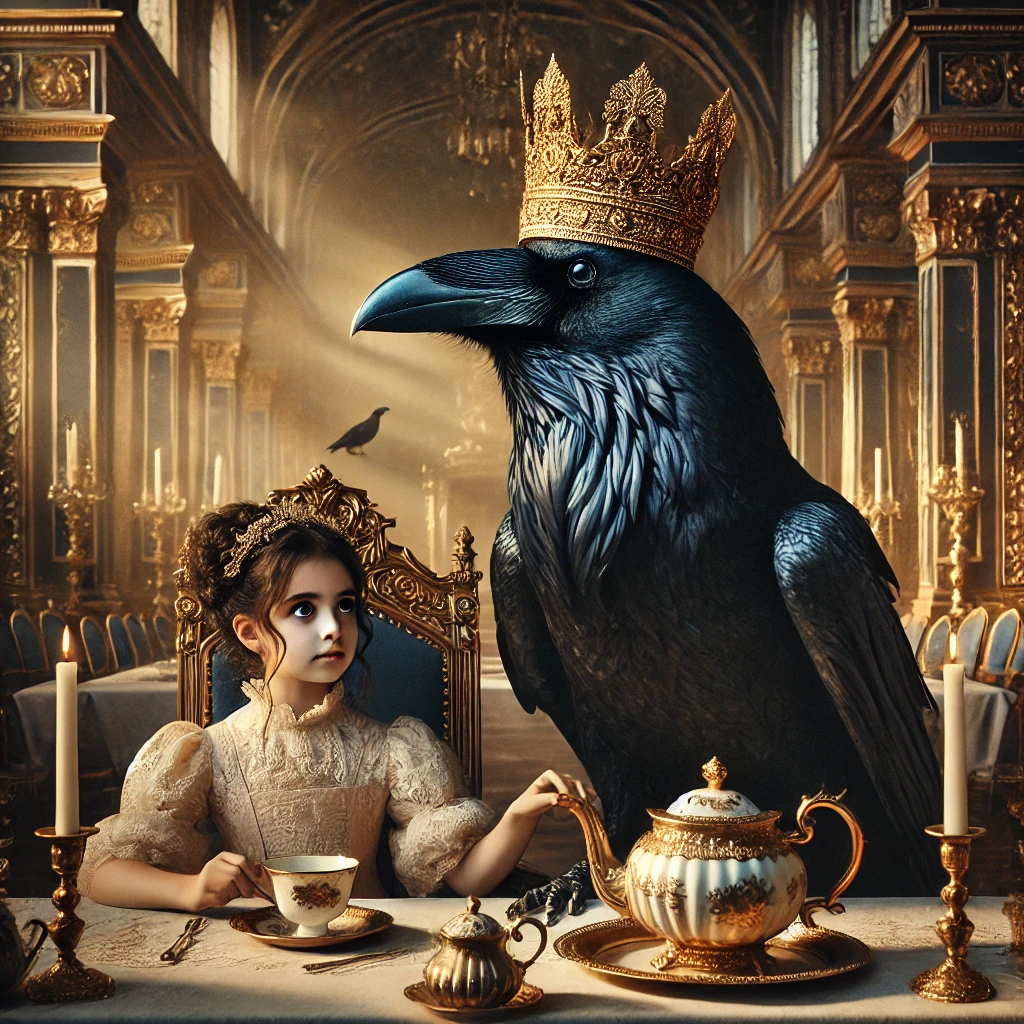Little girl having tea with the Raven King, in a golden dinning hall.
