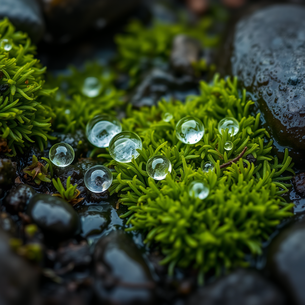 Fluorescent green moss with drops of petrichor, used in the Join the Circle page.