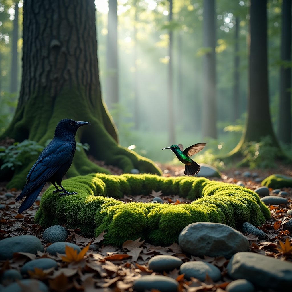 Morrow the Raven and Frith the hummingbird sitting atop a moss pad with stones and leaves scattered on the forest floor. Featured on the Join the Circle page.