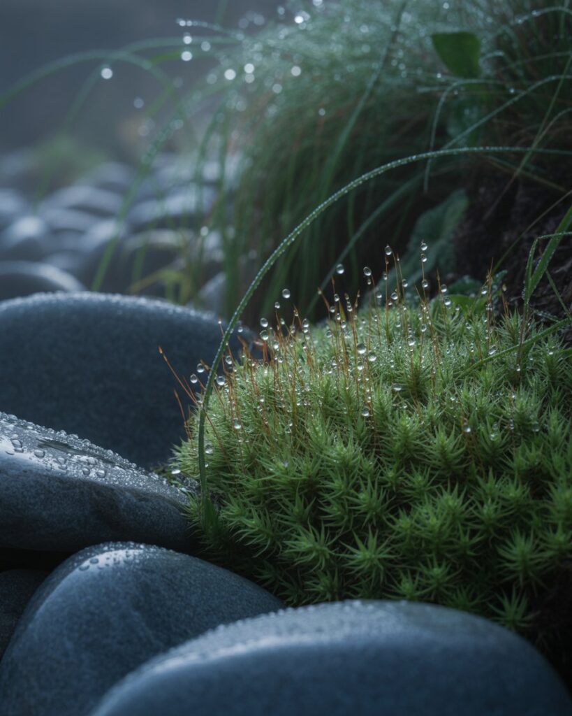 Moss and stones dripping with petrichor close up. Used in the Join the Circle page.