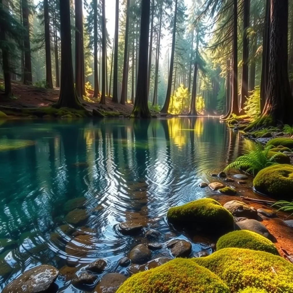 Beautiful alpine lake with moss-covered stones and thick pines surrounding the lake.