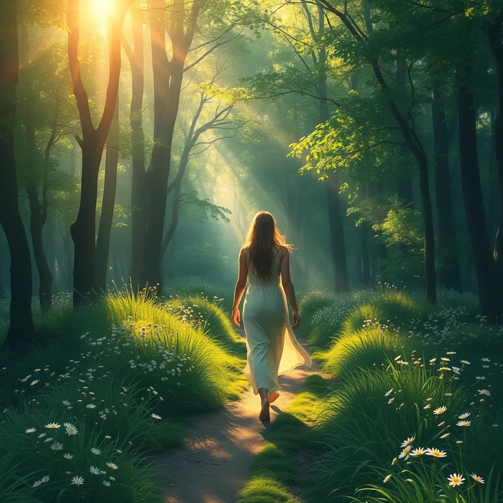 Woman walking on a narrow mountain trail with soft sunlight beaming through the trees.