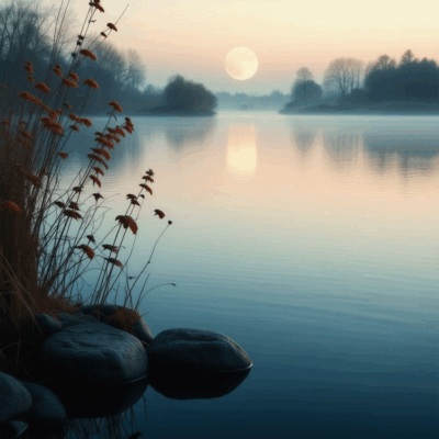 Rising moon over a alpine lake with stones and flowers in the foreground.