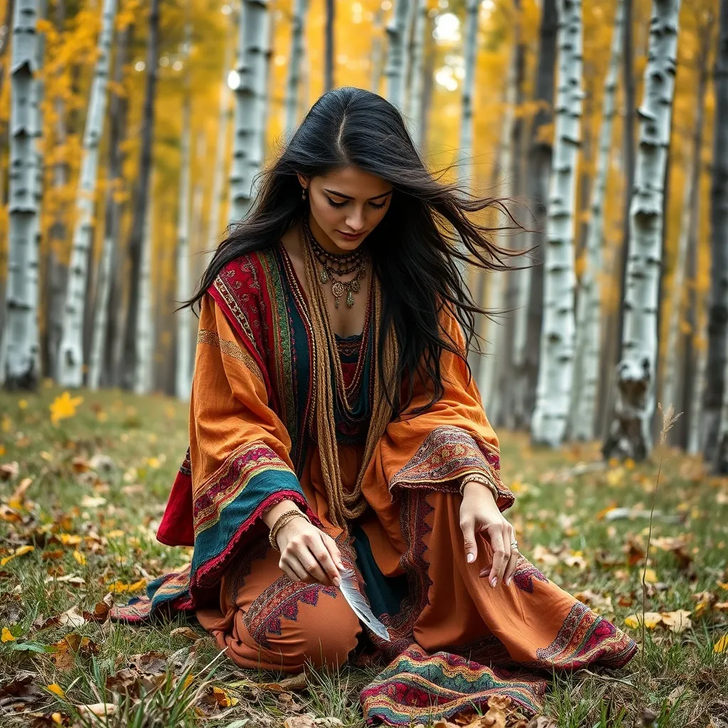 A woman kneeling to pick up a feather on the forest floor, wearing a colorful bohemian outfit with a dense aspen backdrop.
